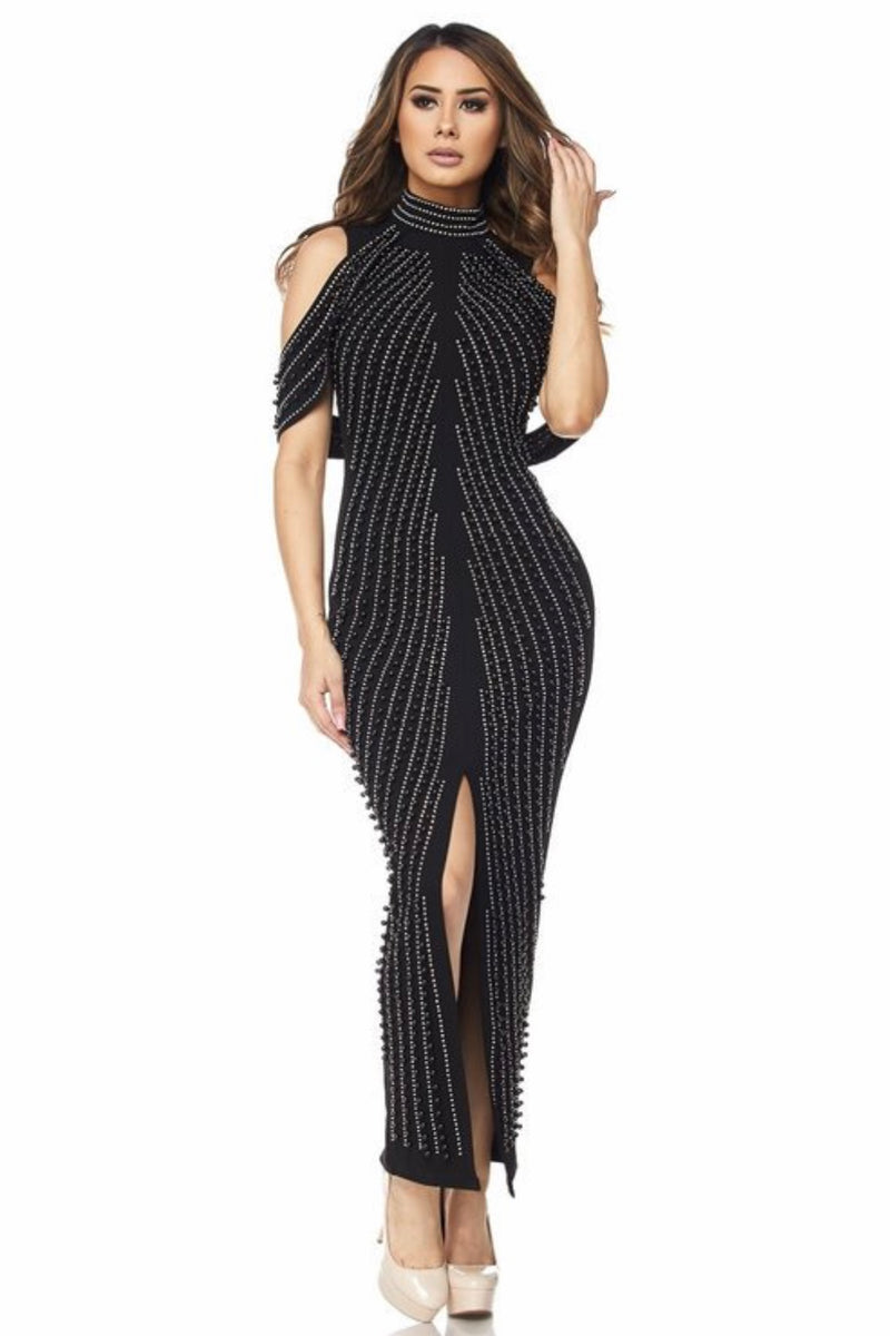 Black iridescent rhinestone pearl embellished draped slit maxi dress sale
