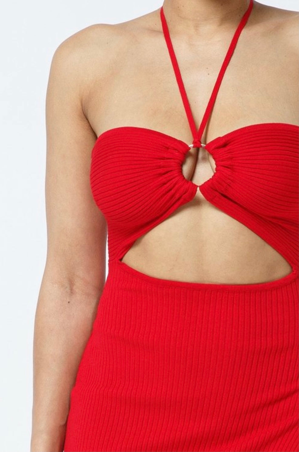 Red halter top high slit dress