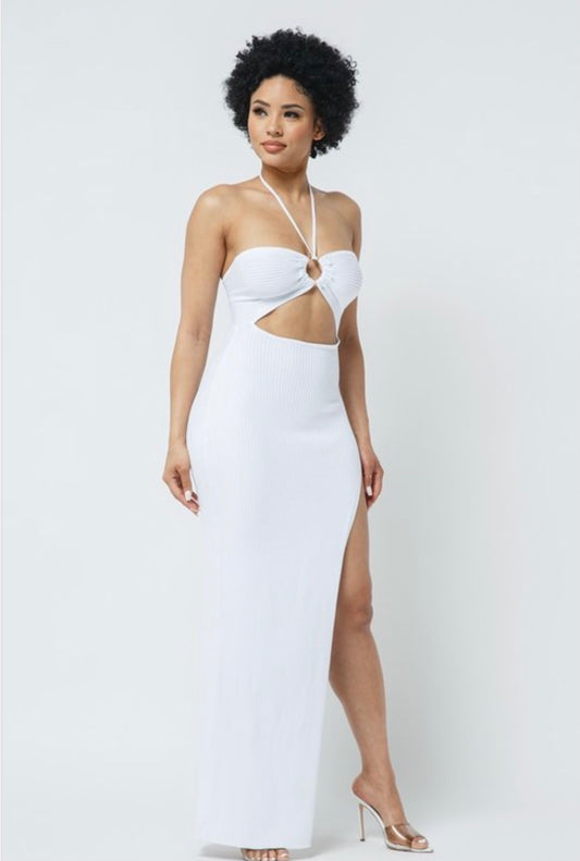 White Halter high slit dress