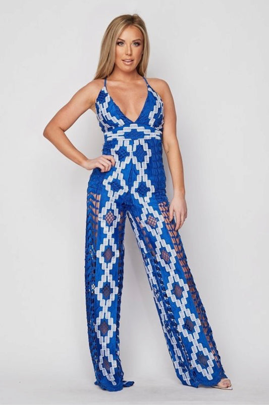 Royal and White Print Palazzo Leg Jumpsuit