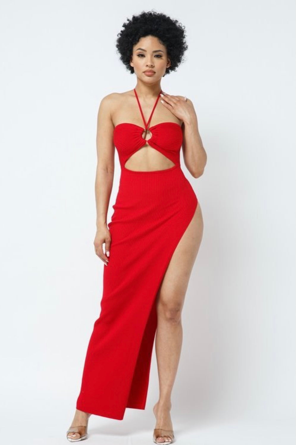 Red halter top high slit dress