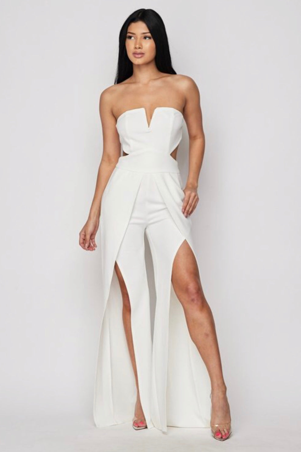 White Strapless Slit Palazzo Jumpsuit