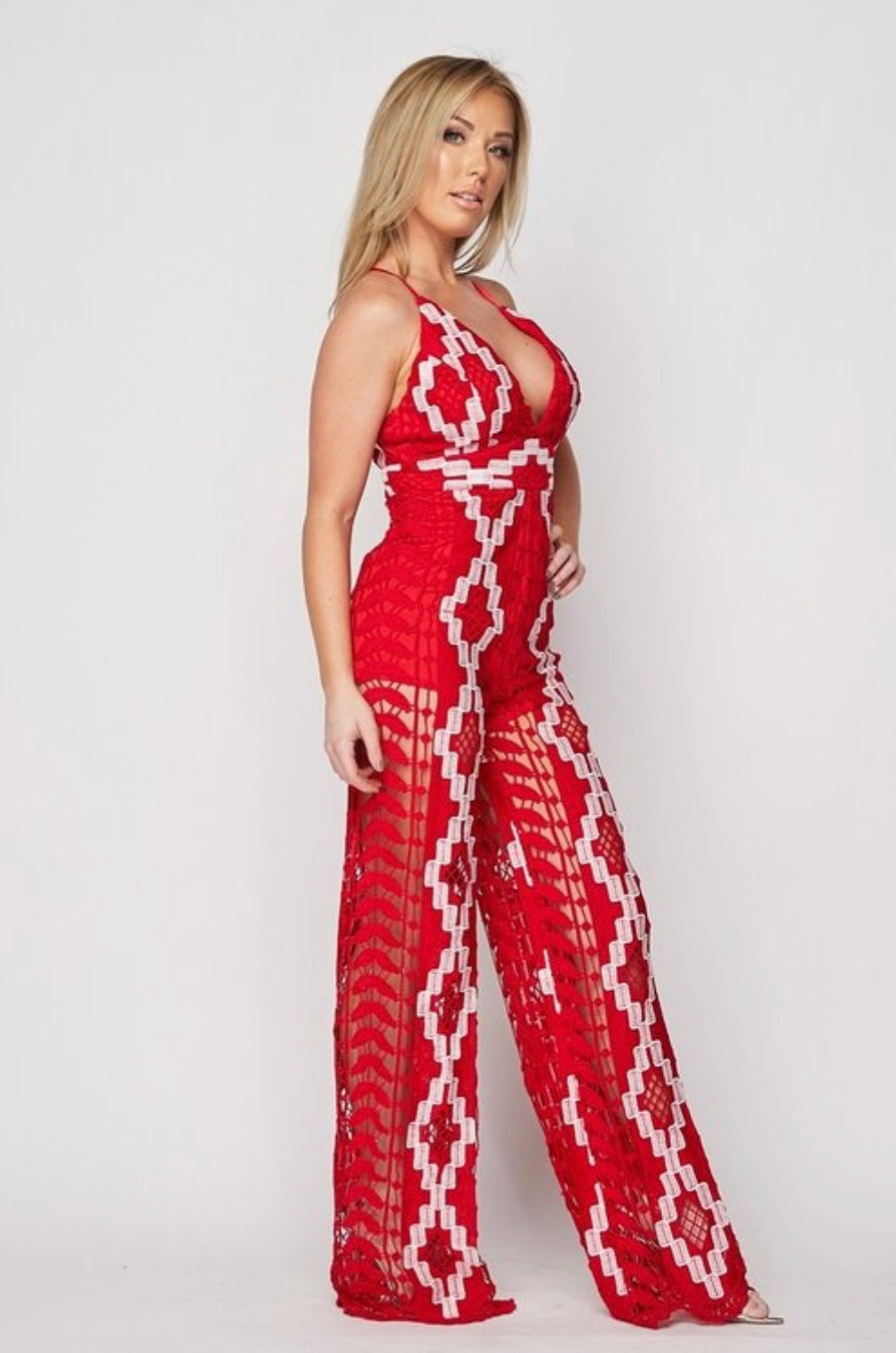 Red and White Print Palazzo Leg Jumpsuit