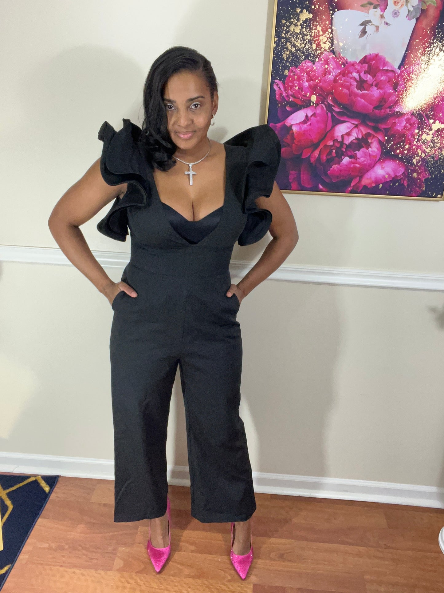 Black Ruffle Sleeve Jumpsuit