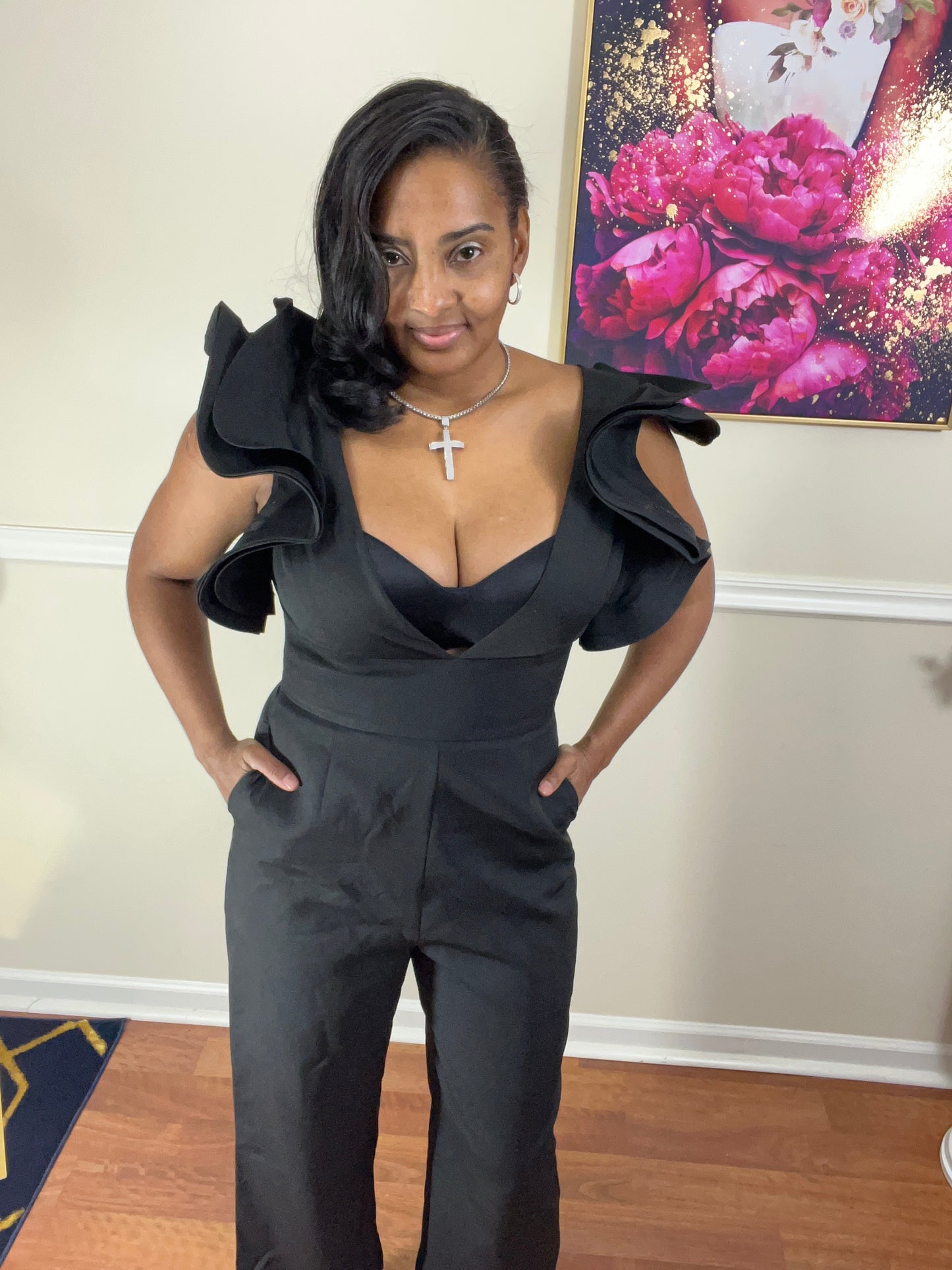 Black Ruffle Sleeve Jumpsuit