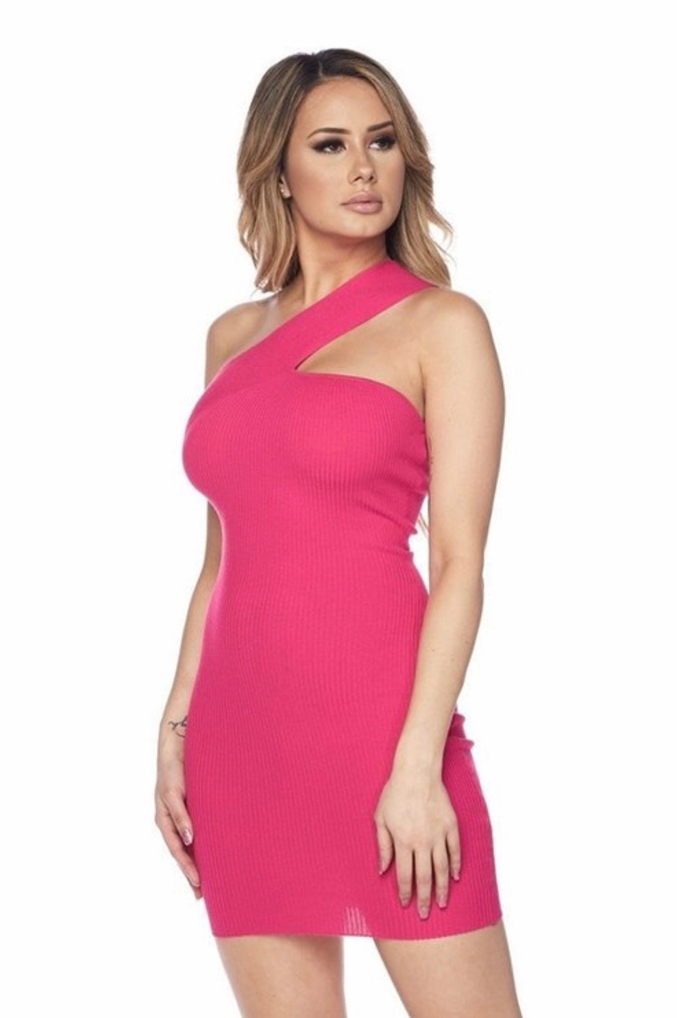 PINK ONE SHOULDER KNIT DRESS