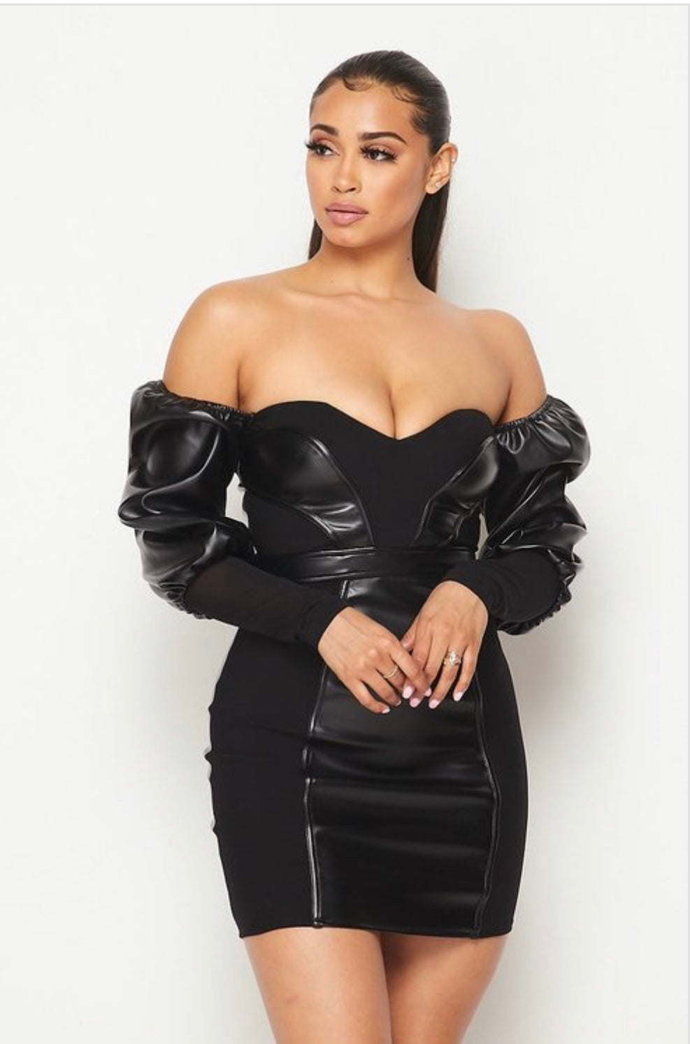 Black Faux Leather off the shoulder dress