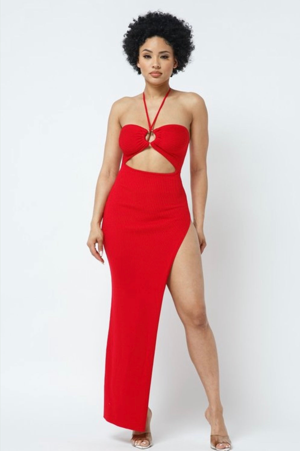 Red halter top high slit dress