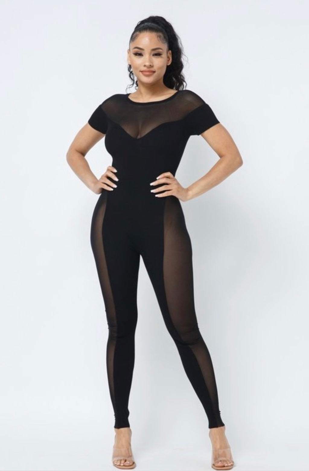 Mesh short sleeve jumpsuit