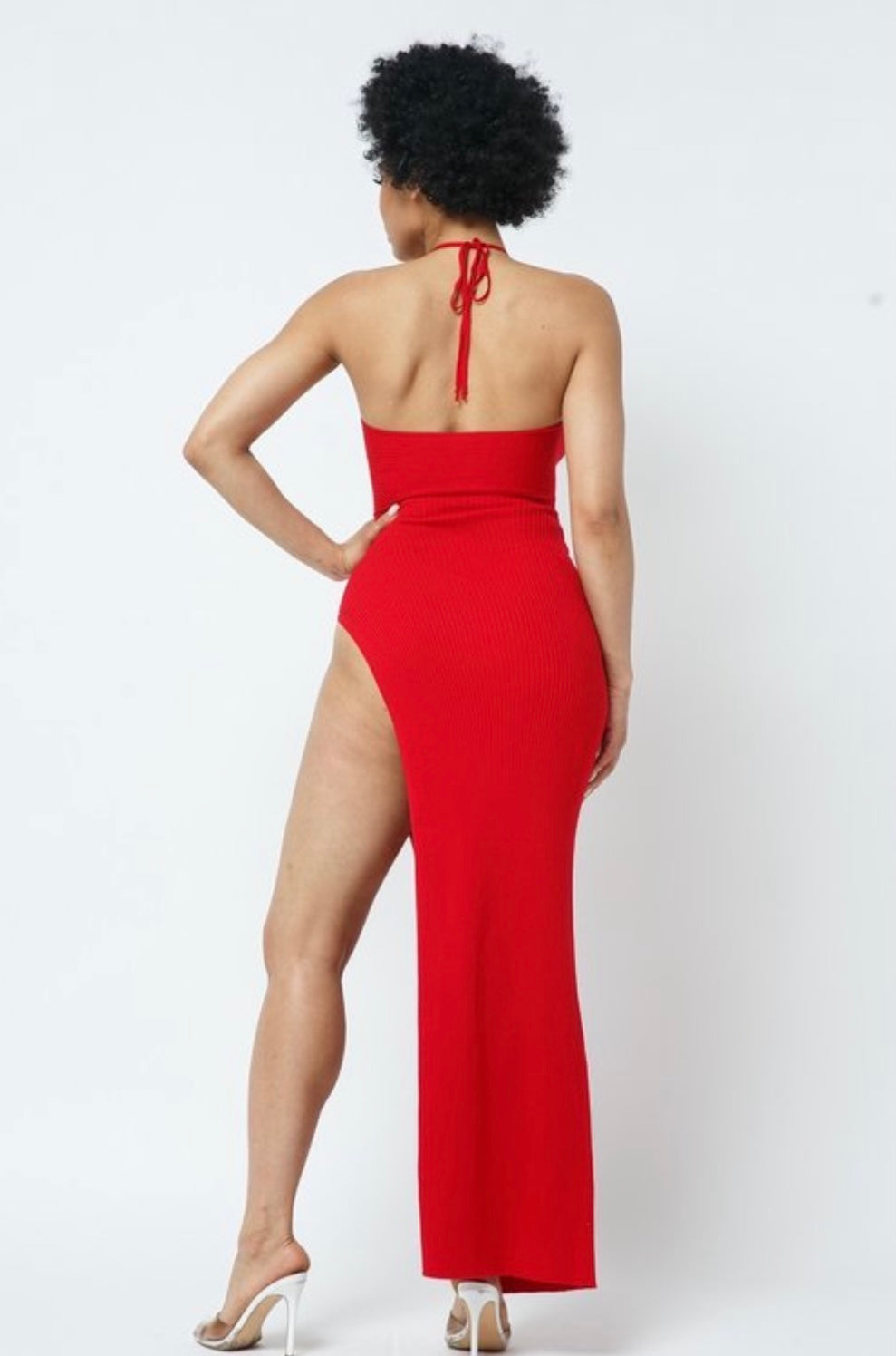 Red halter top high slit dress