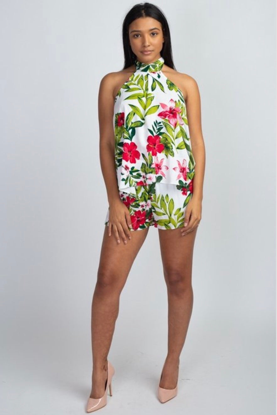 Tropical Print halter next top short set