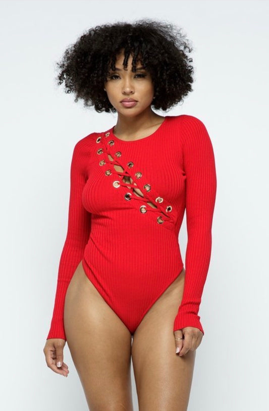 Red Grommet Tie up Bodysuit