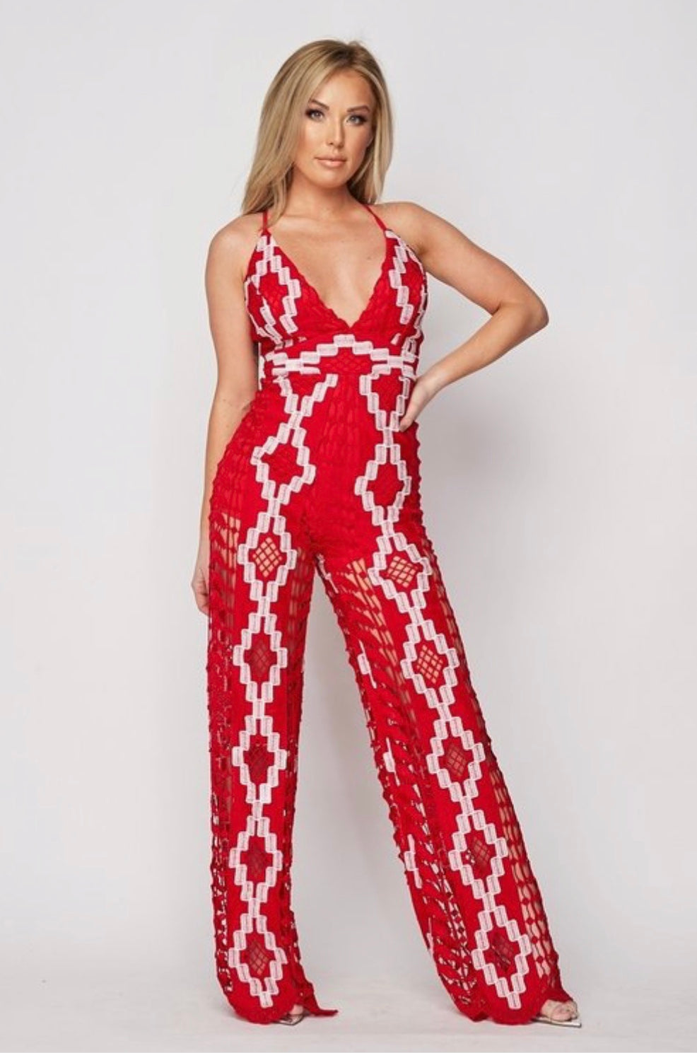 Red and White Print Palazzo Leg Jumpsuit