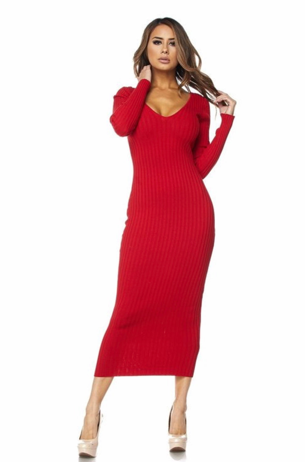 Red Ribbed Off Shoulder Sweater Dress