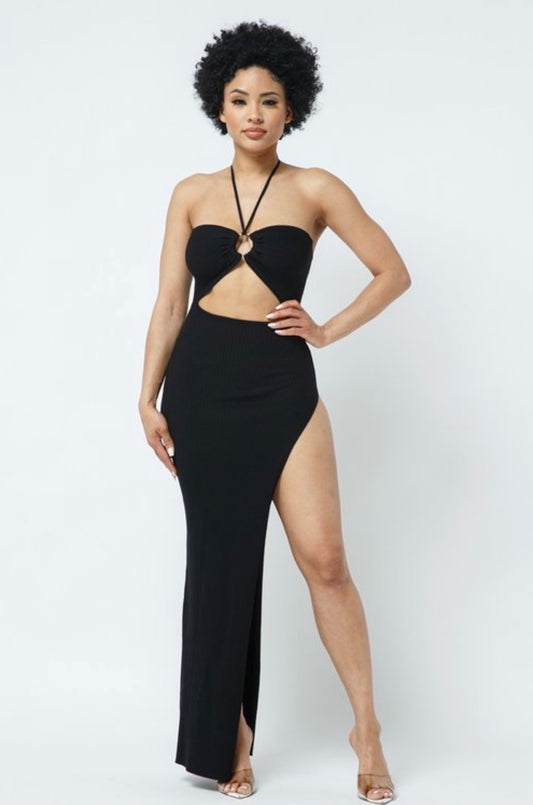 Black halter top high slit dress