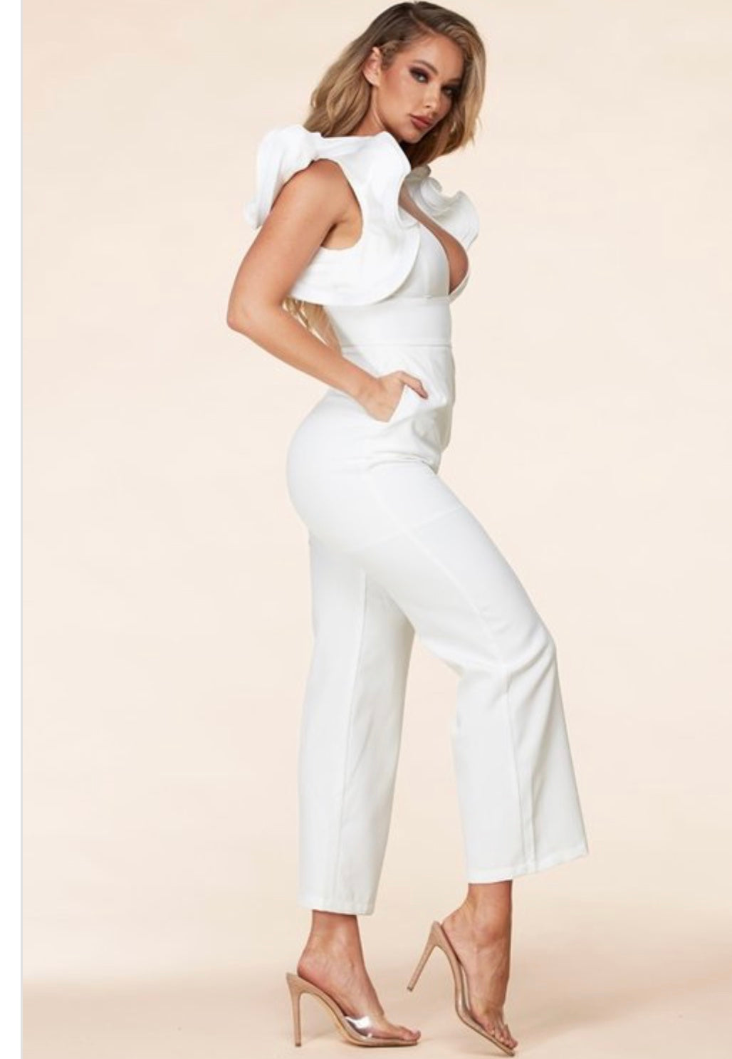 White Ruffle Sleeve Jumpsuit