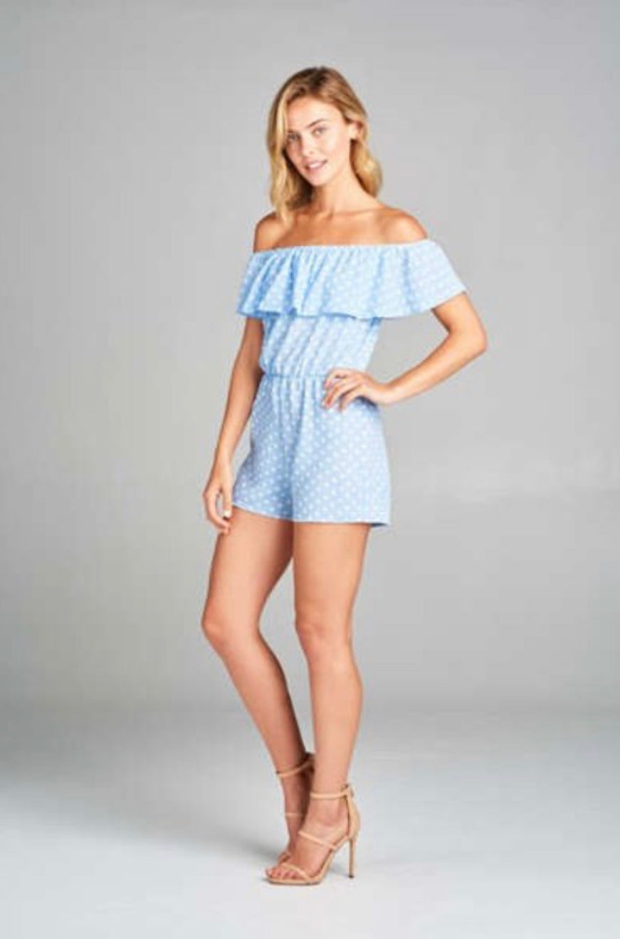 Polka dot flounce romper with elasticized neckline and waist