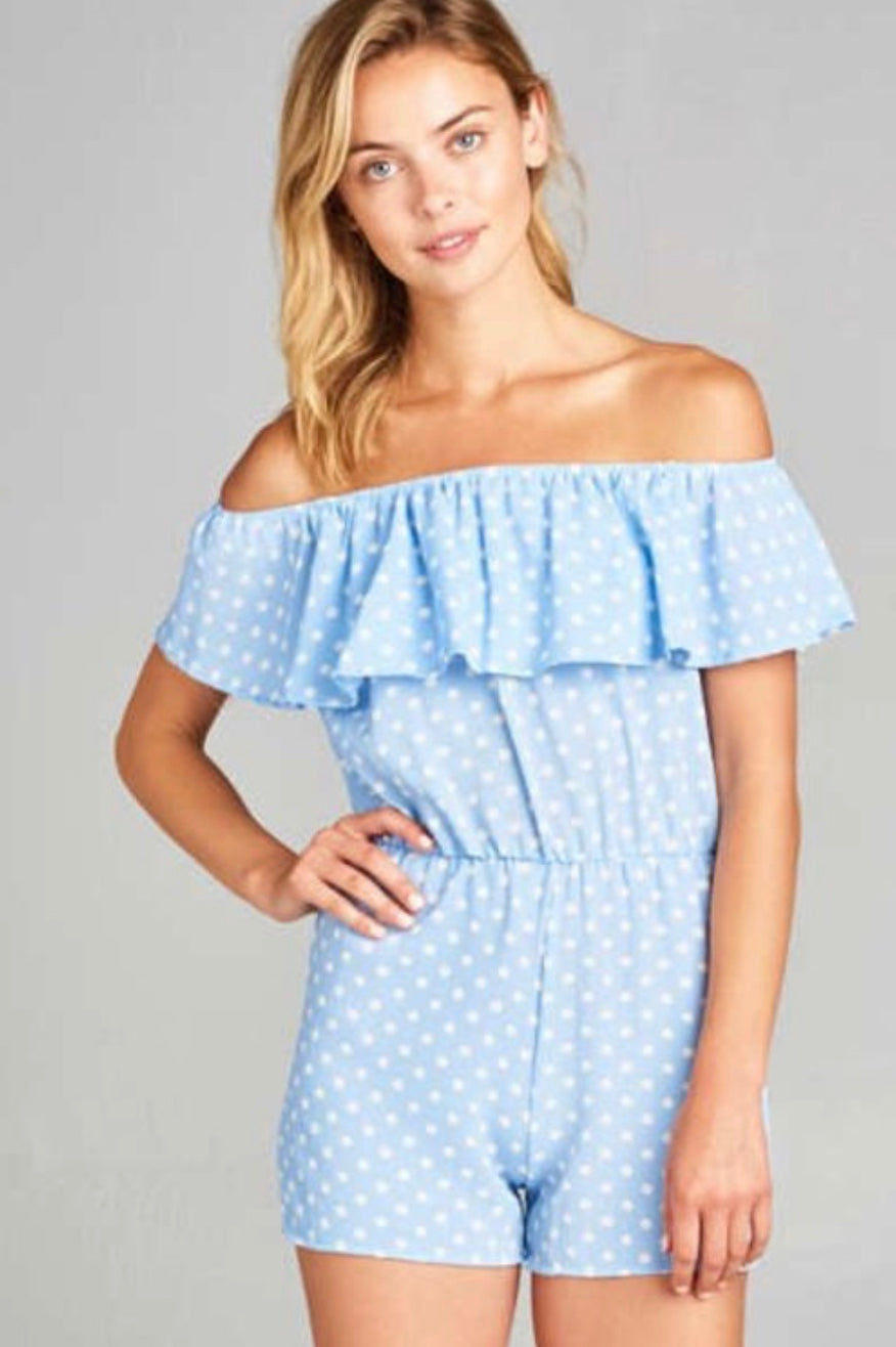 Polka dot flounce romper with elasticized neckline and waist