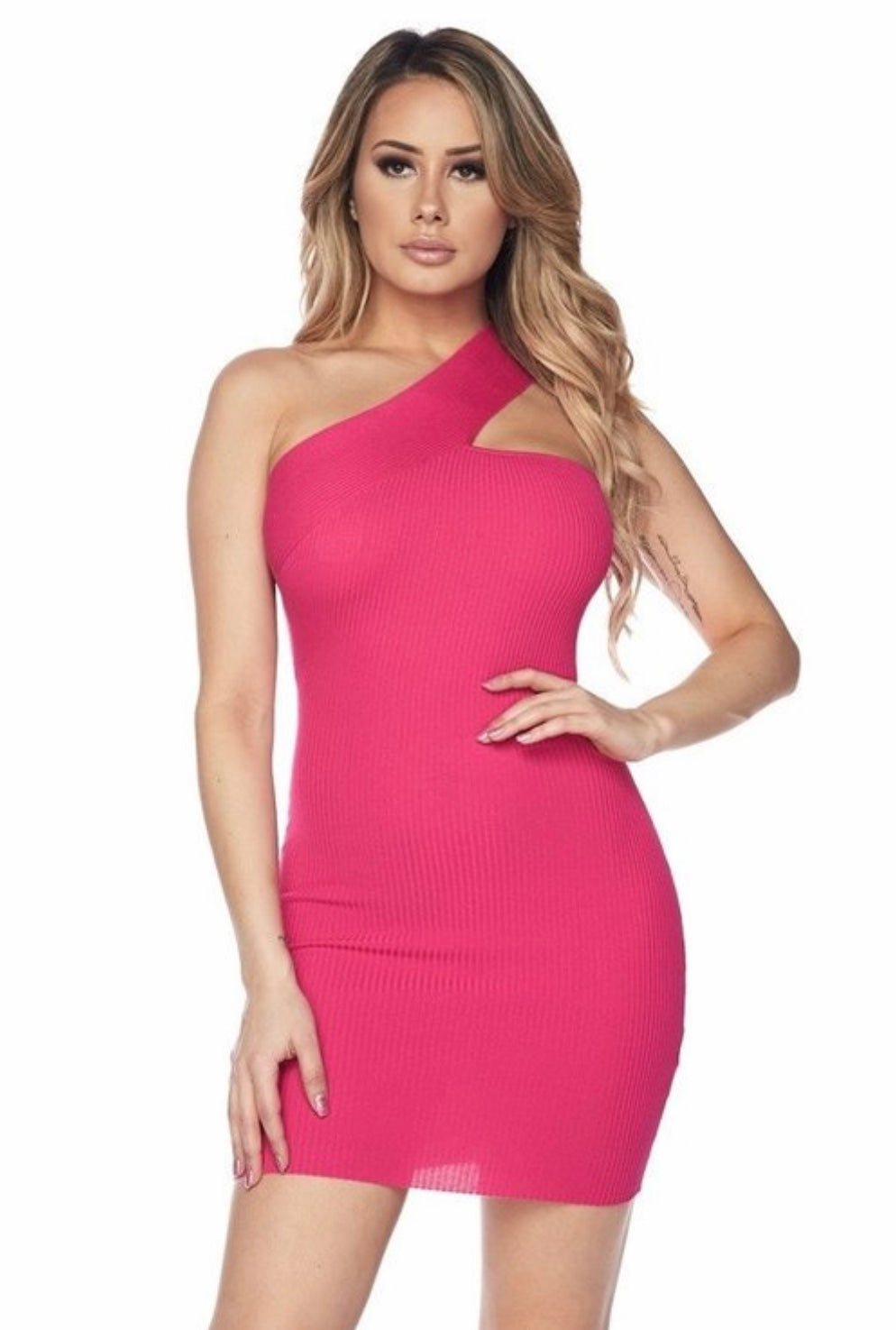 PINK ONE SHOULDER KNIT DRESS