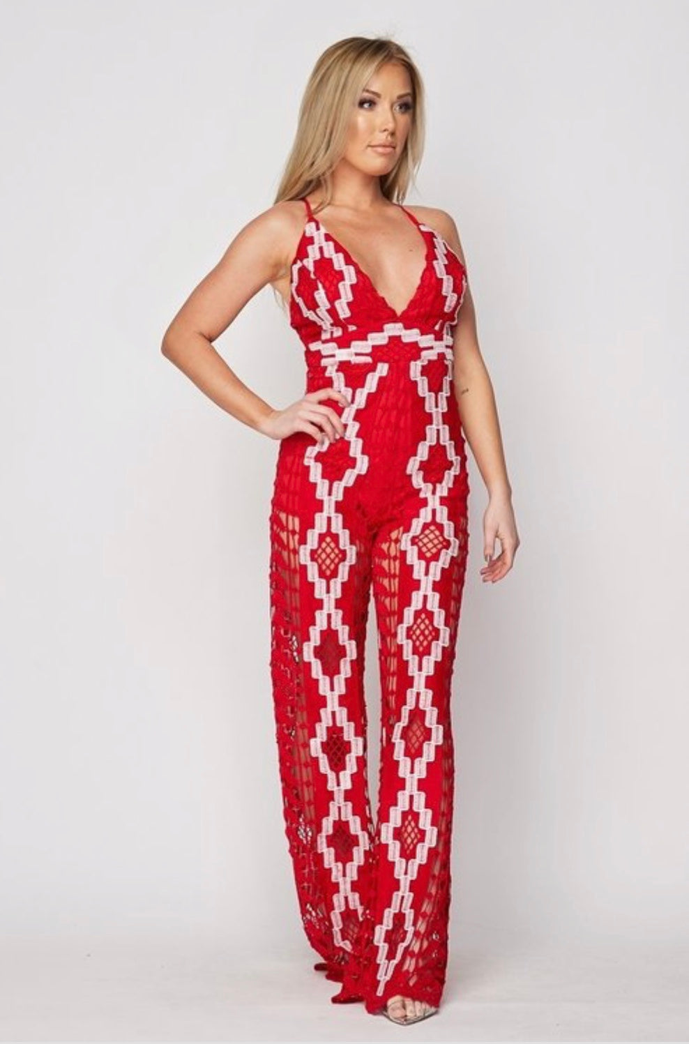 Red and White Print Palazzo Leg Jumpsuit