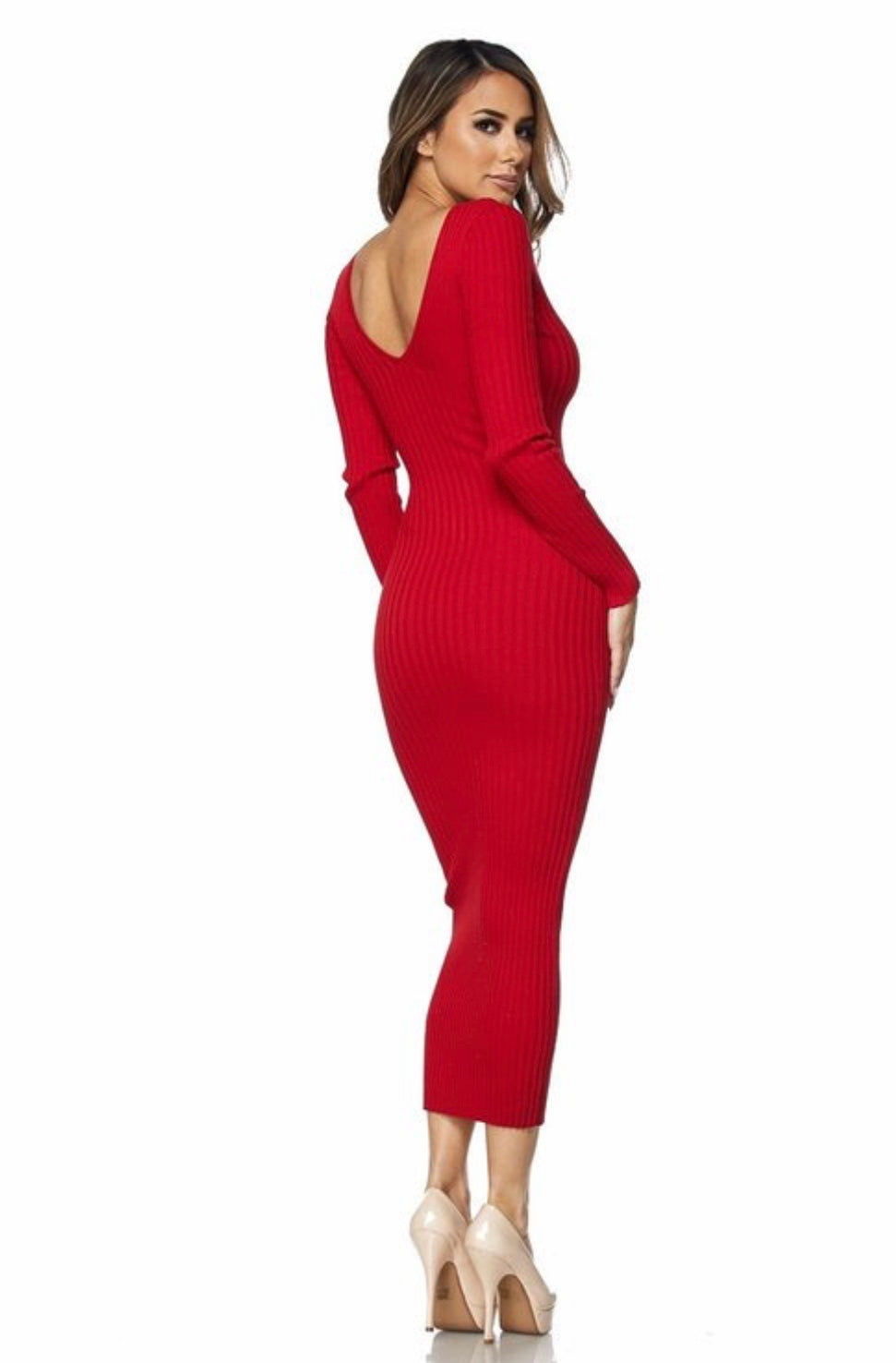 Red Ribbed Off Shoulder Sweater Dress