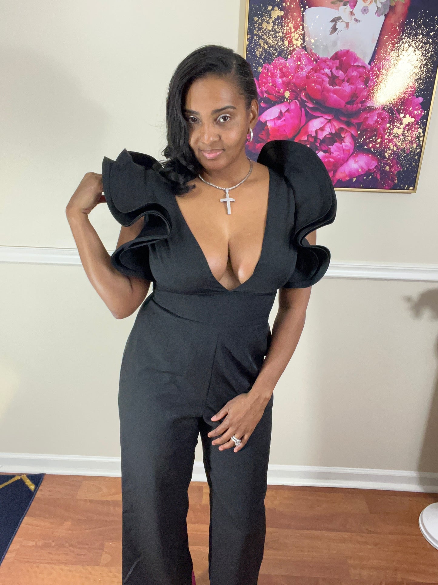 Black Ruffle Sleeve Jumpsuit