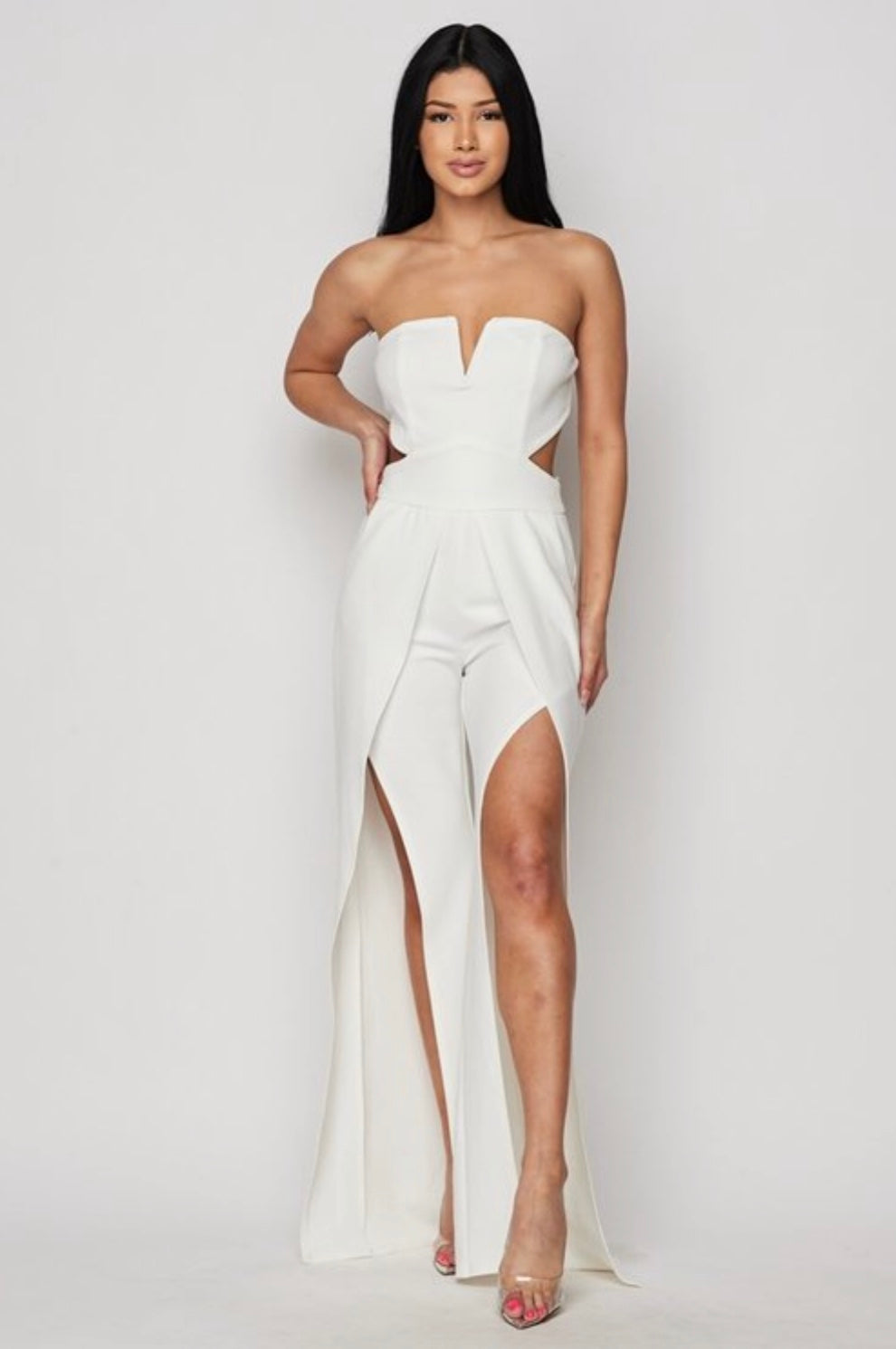 White Strapless Slit Palazzo Jumpsuit