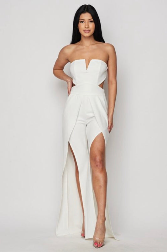 White Strapless Slit Palazzo Jumpsuit