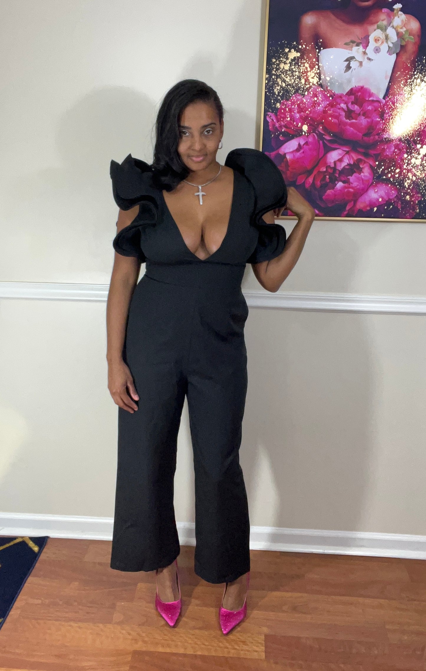 Black Ruffle Sleeve Jumpsuit