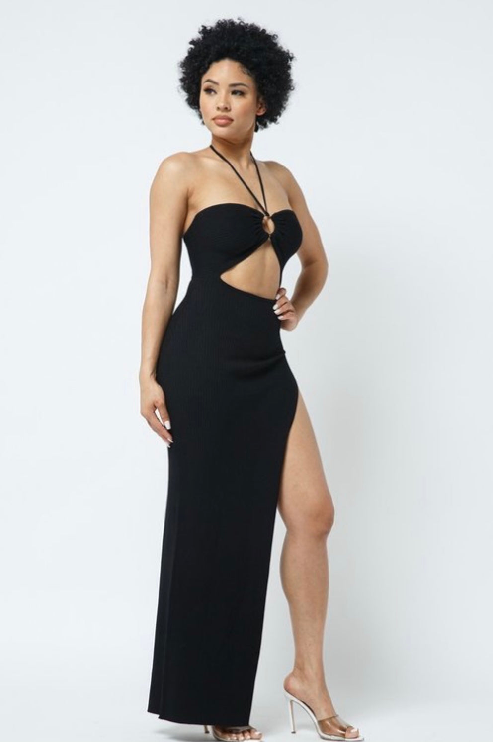 Black halter top high slit dress