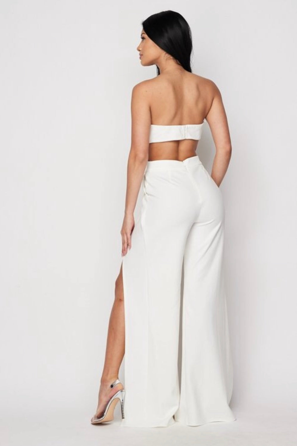 White Strapless Slit Palazzo Jumpsuit