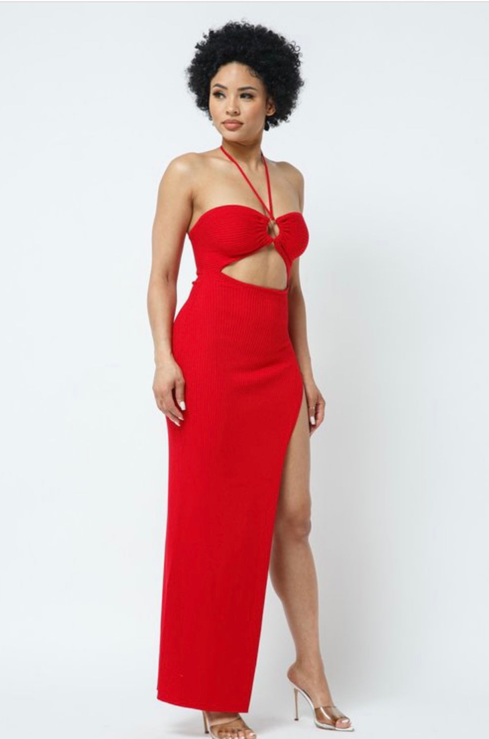 Red halter top high slit dress