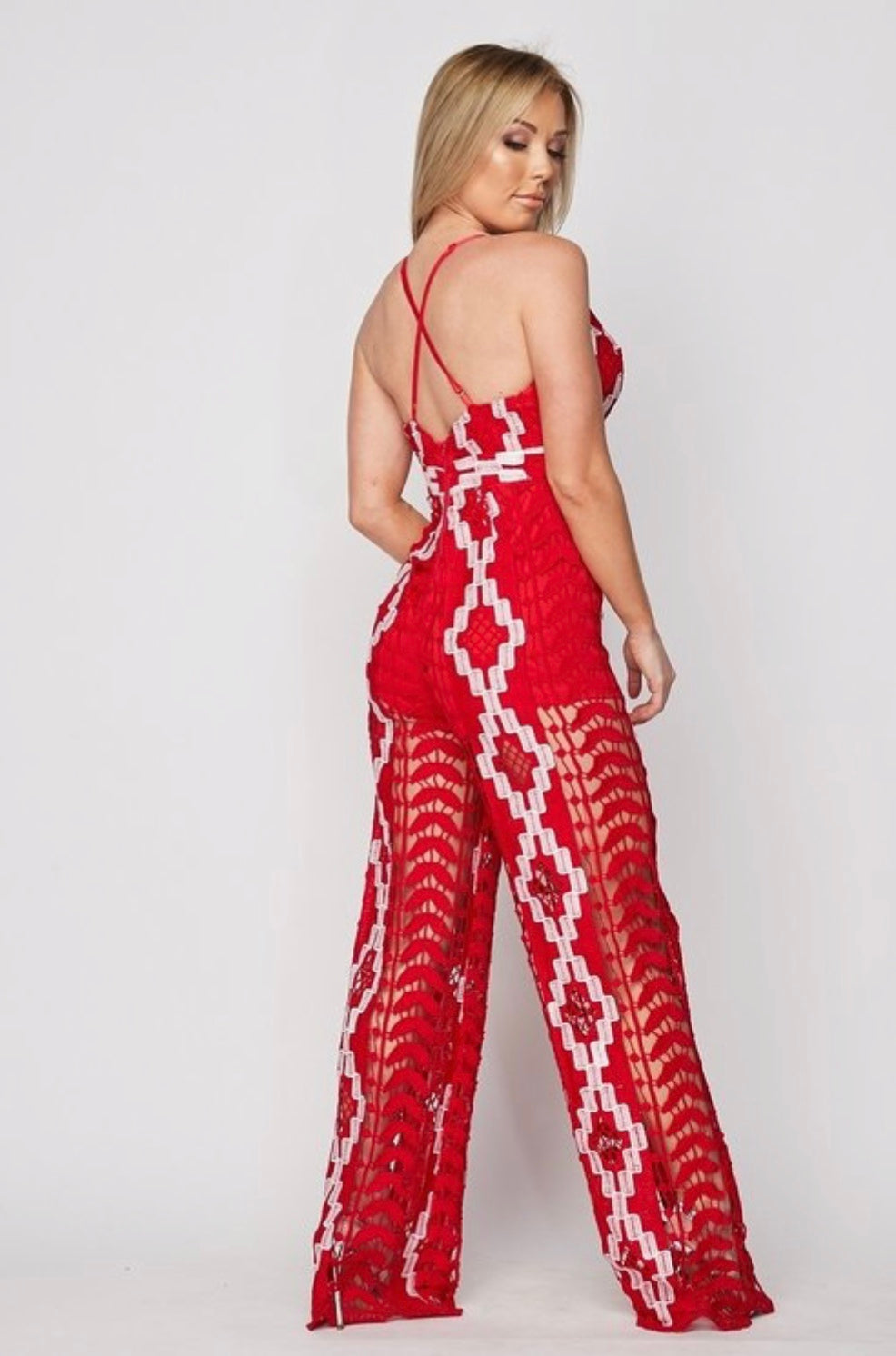 Red and White Print Palazzo Leg Jumpsuit