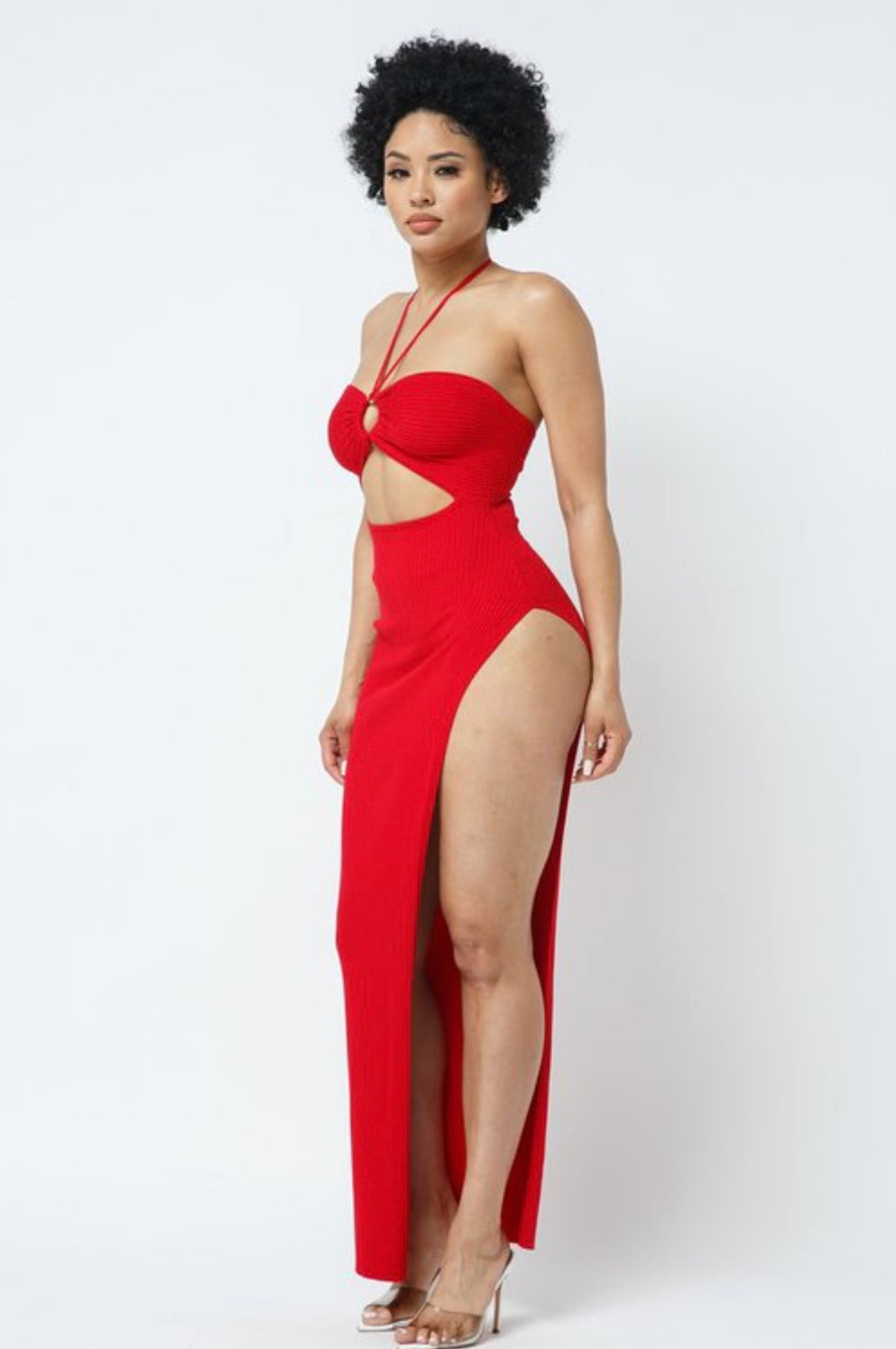 Red halter top high slit dress