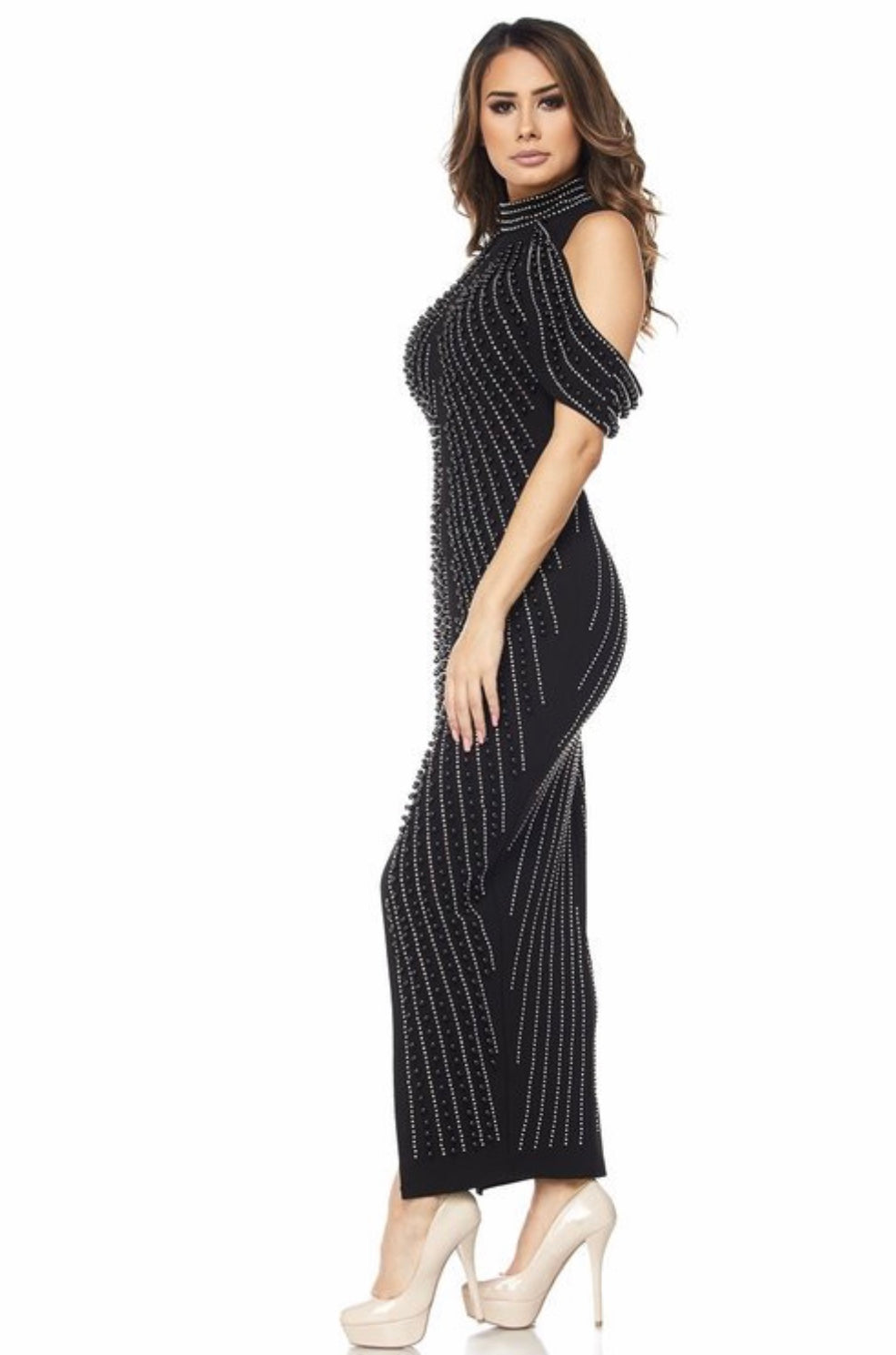 Black Iridescent Rhinestone Pearl Embellished Draped Slit Maxi Dress