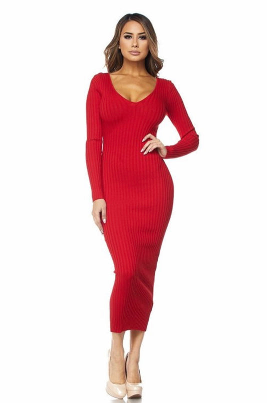 Red Ribbed Off Shoulder Sweater Dress