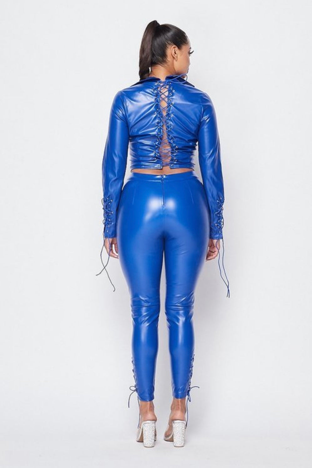 Royal Blue Tie up Faux leather Pants Set