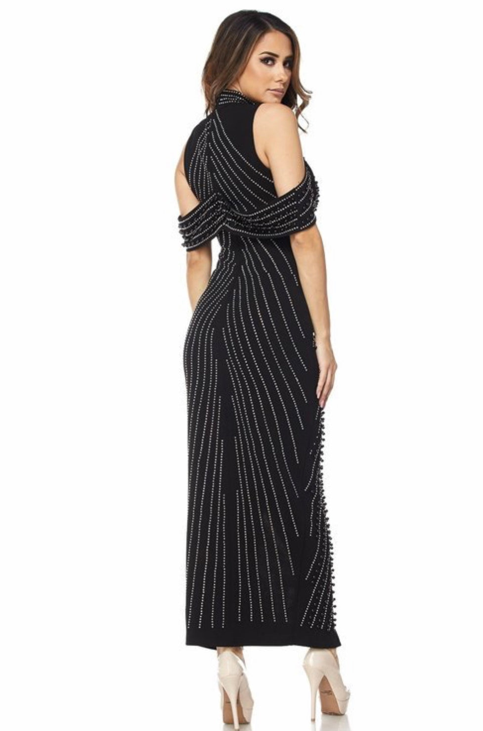 Black Iridescent Rhinestone Pearl Embellished Draped Slit Maxi Dress